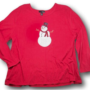 Women's Erika Red Long Sleeve Holiday winter Tee with Sequin Snowman - Plus 3X